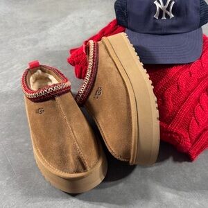 UGG Brown Suede Slip-Ons with Red Accents